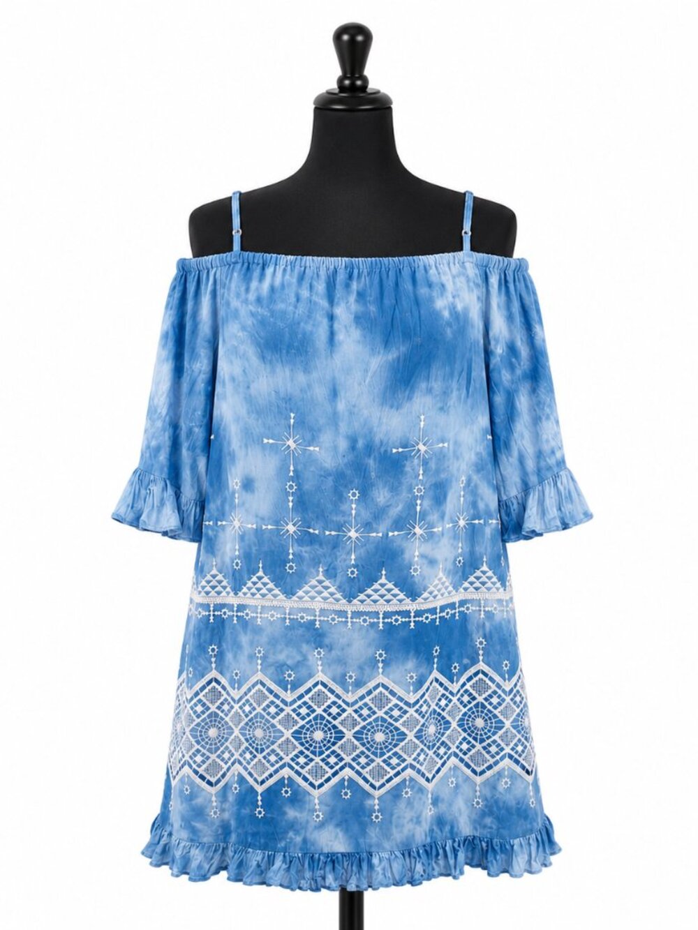 BCBGMAXAZRIA Blue Tie Dye Crochet Cold Shoulder Ruffle Dress - Size L